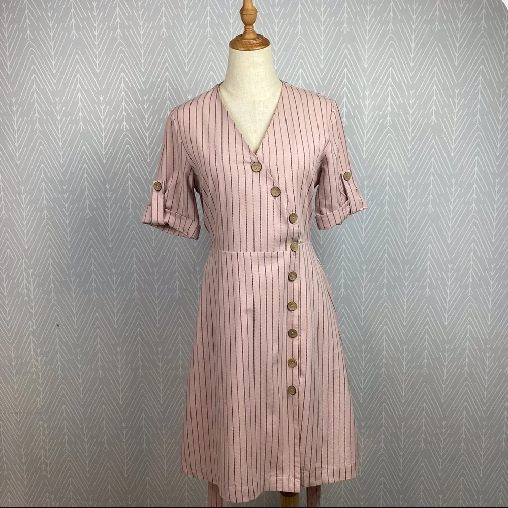 HYFVE Pink Striped Print Short Sleeve Waist Tie Dress. - Picture 4 of 10